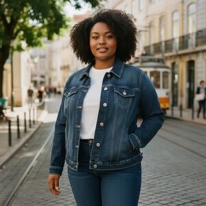 TORRID Women Blue Denim Jean Jacket "Wear What You Love" Heart Button Size 2